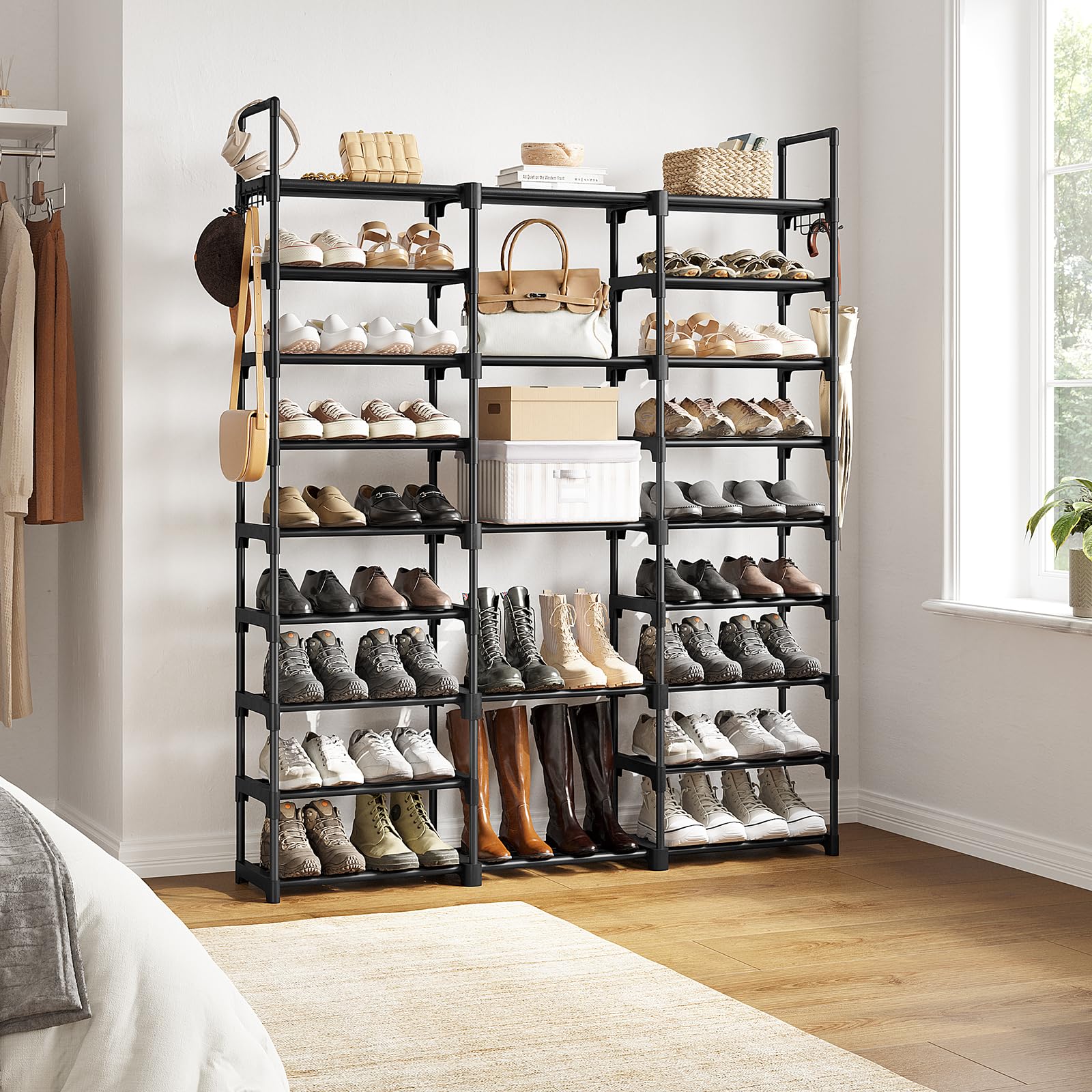 WOWLIVE black shoe tower demonstrates easy assembly and tidy space