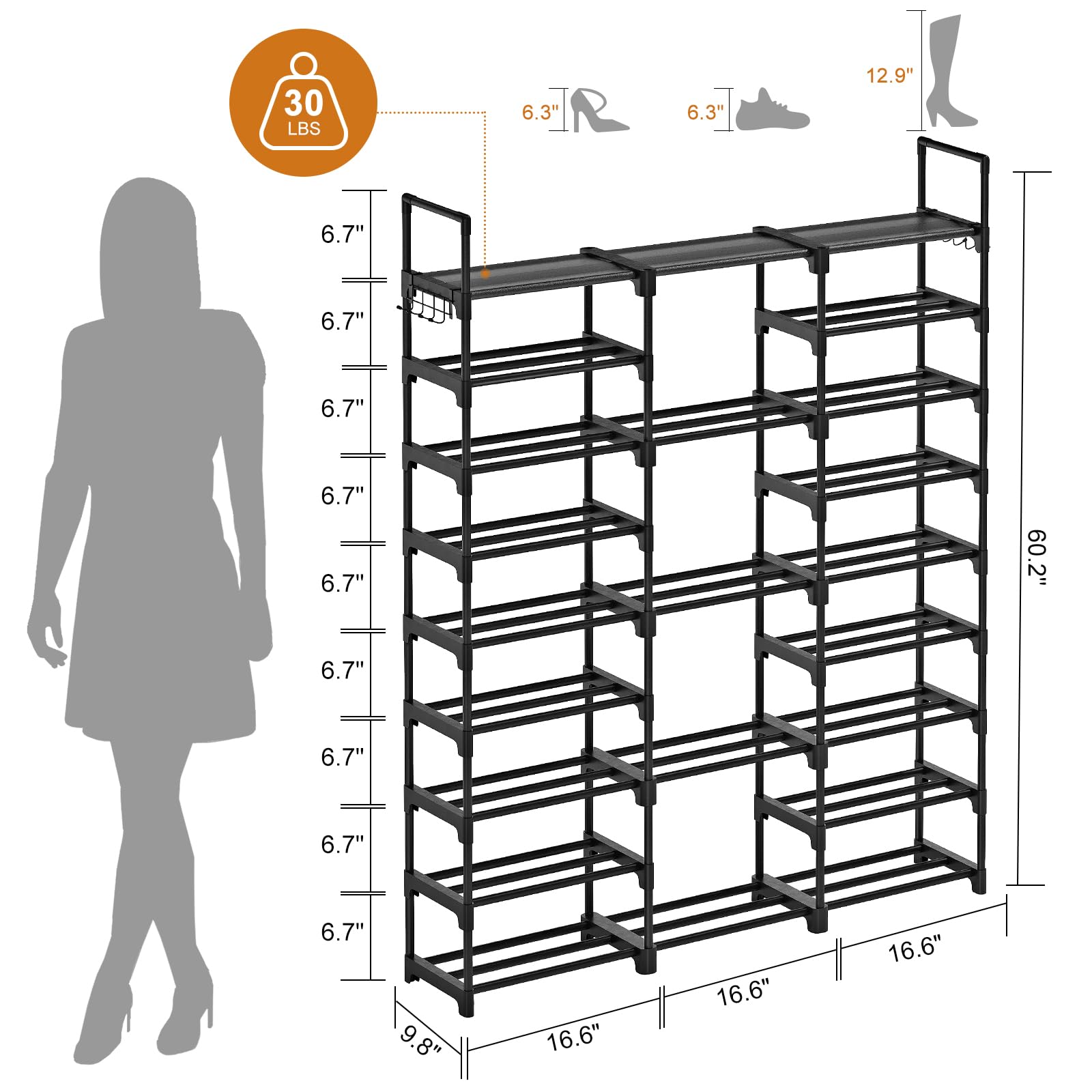 WOWLIVE rack accommodates boots and high heels with adjustable tiers