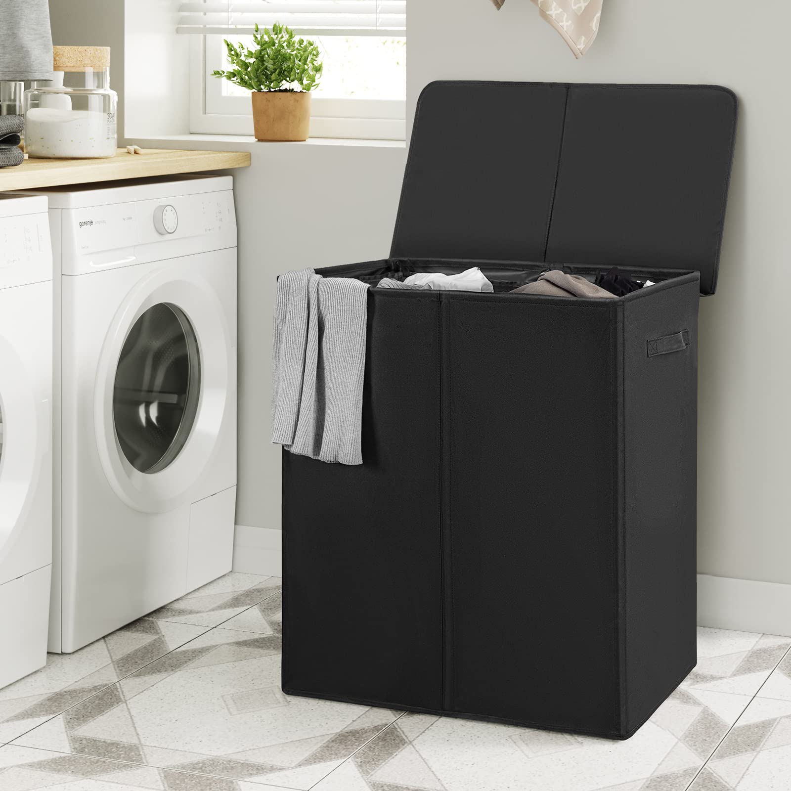 WOWLIVE double-compartment laundry hamper helps separate lights and darks for easy organization.