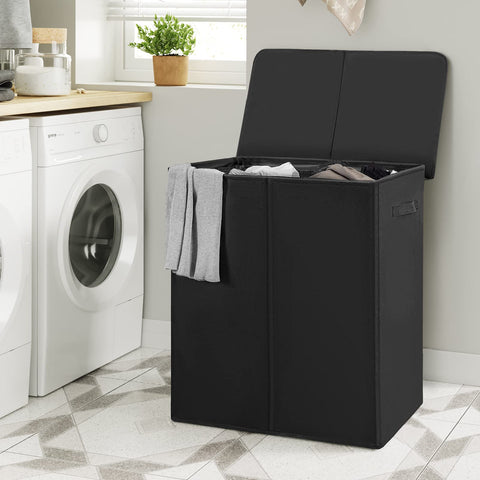 WOWLIVE double-compartment laundry hamper helps separate lights and darks for easy organization.