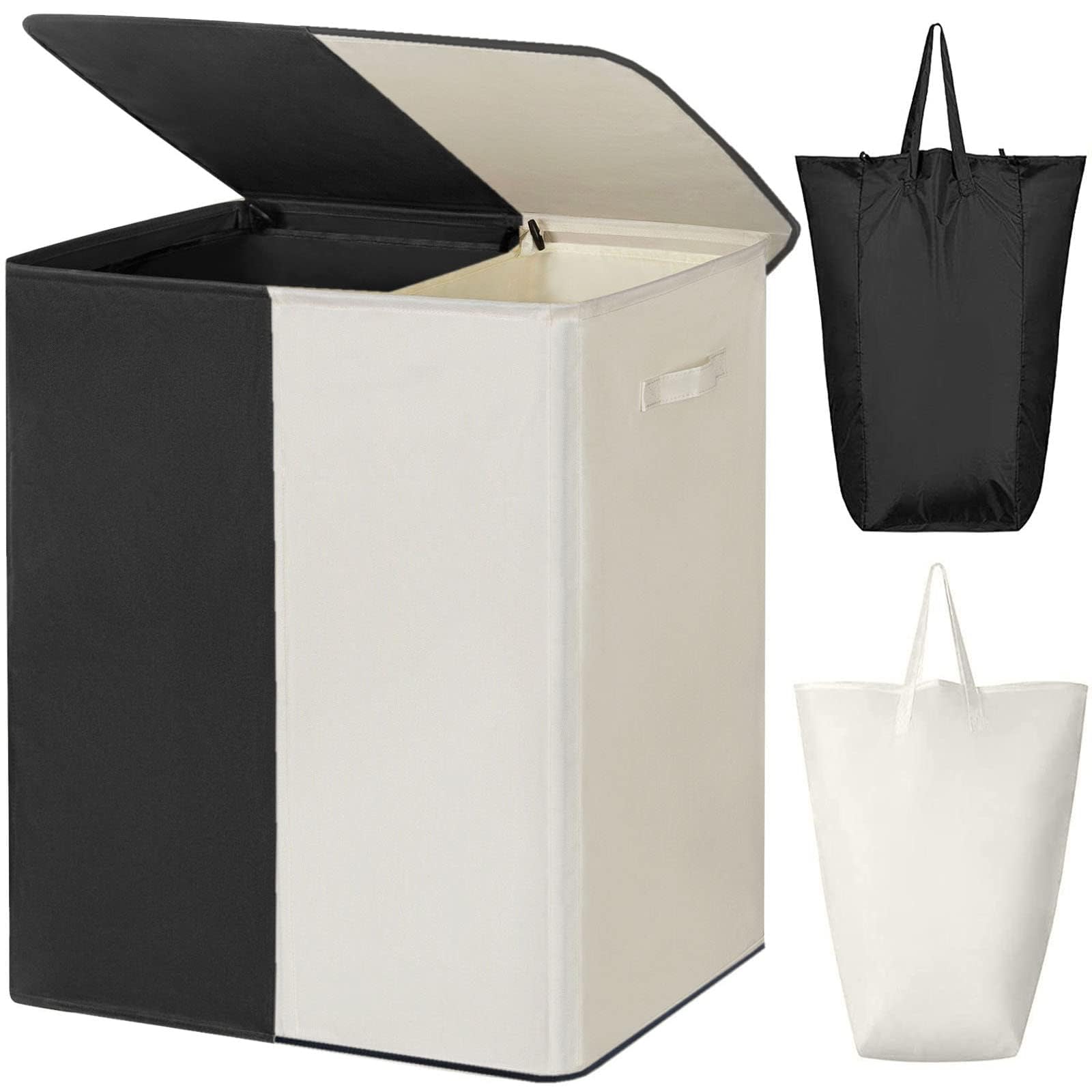 WOWLIVE lid closed on double laundry basket keeps clothes out of sight for a tidier space.