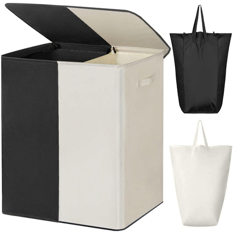 WOWLIVE lid closed on double laundry basket keeps clothes out of sight for a tidier space.