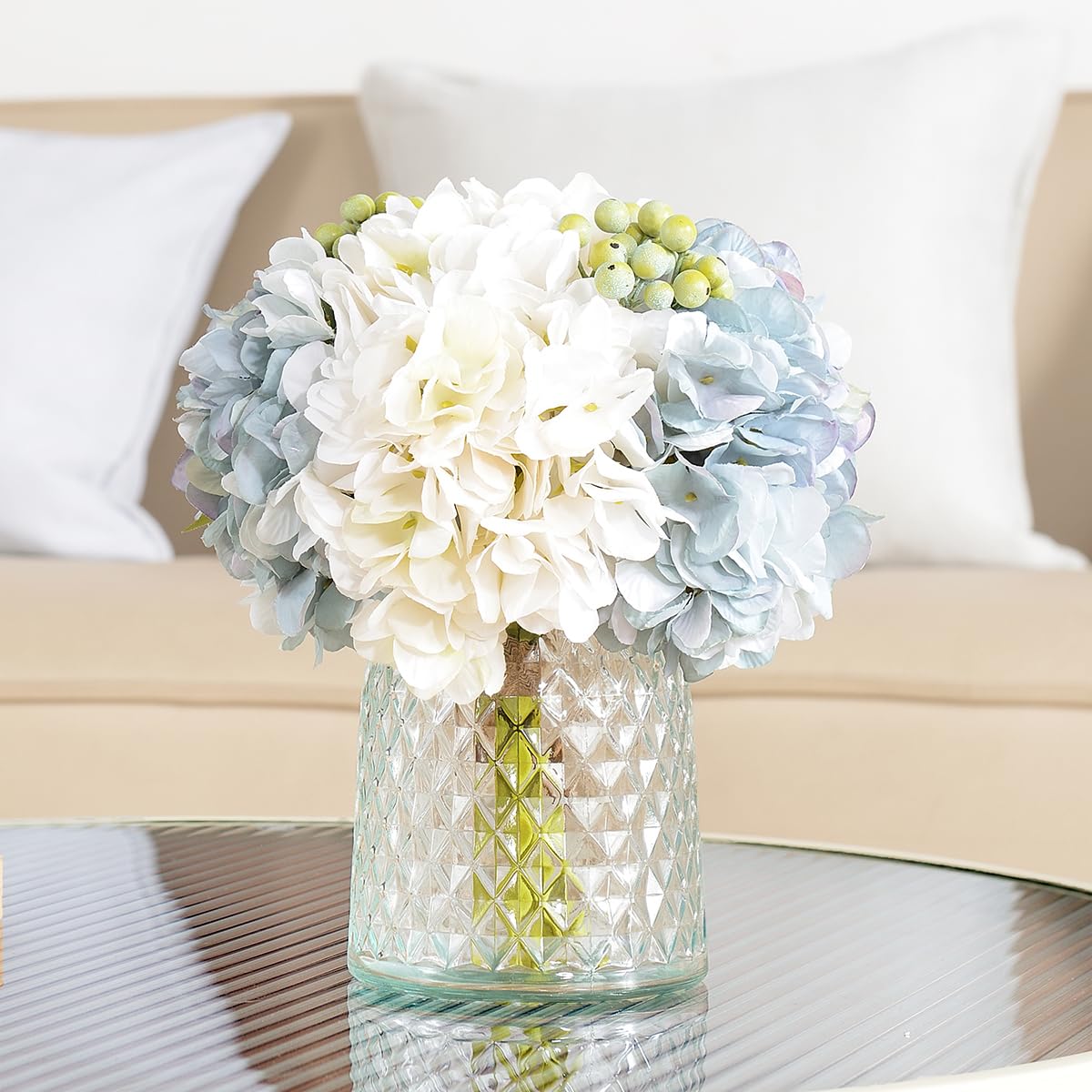 Wracra hydrangeas floral arrangement in glass vase for elegant home decor