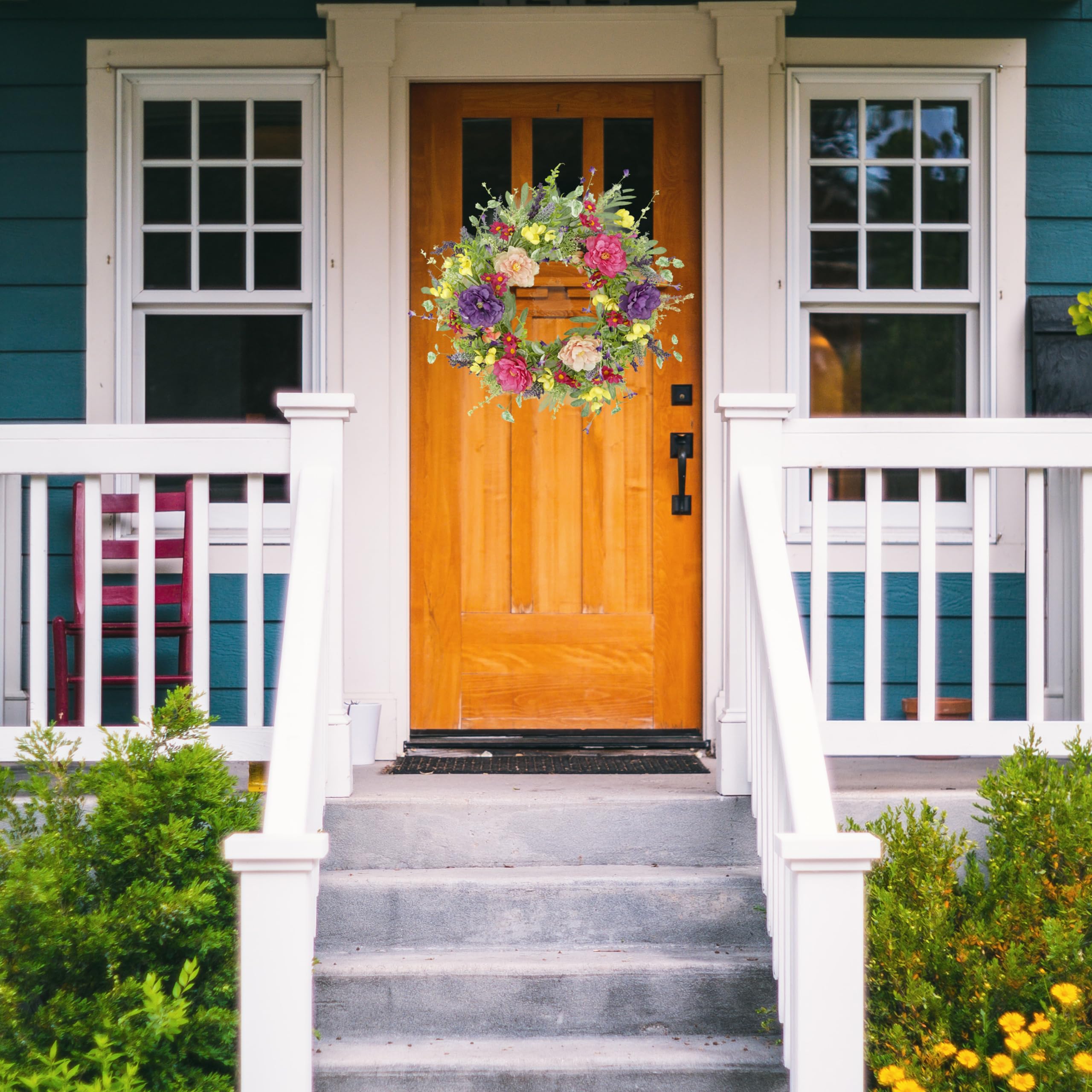 WreathDream daisy-yellow-flowers accents brighten an entryway or mantle.