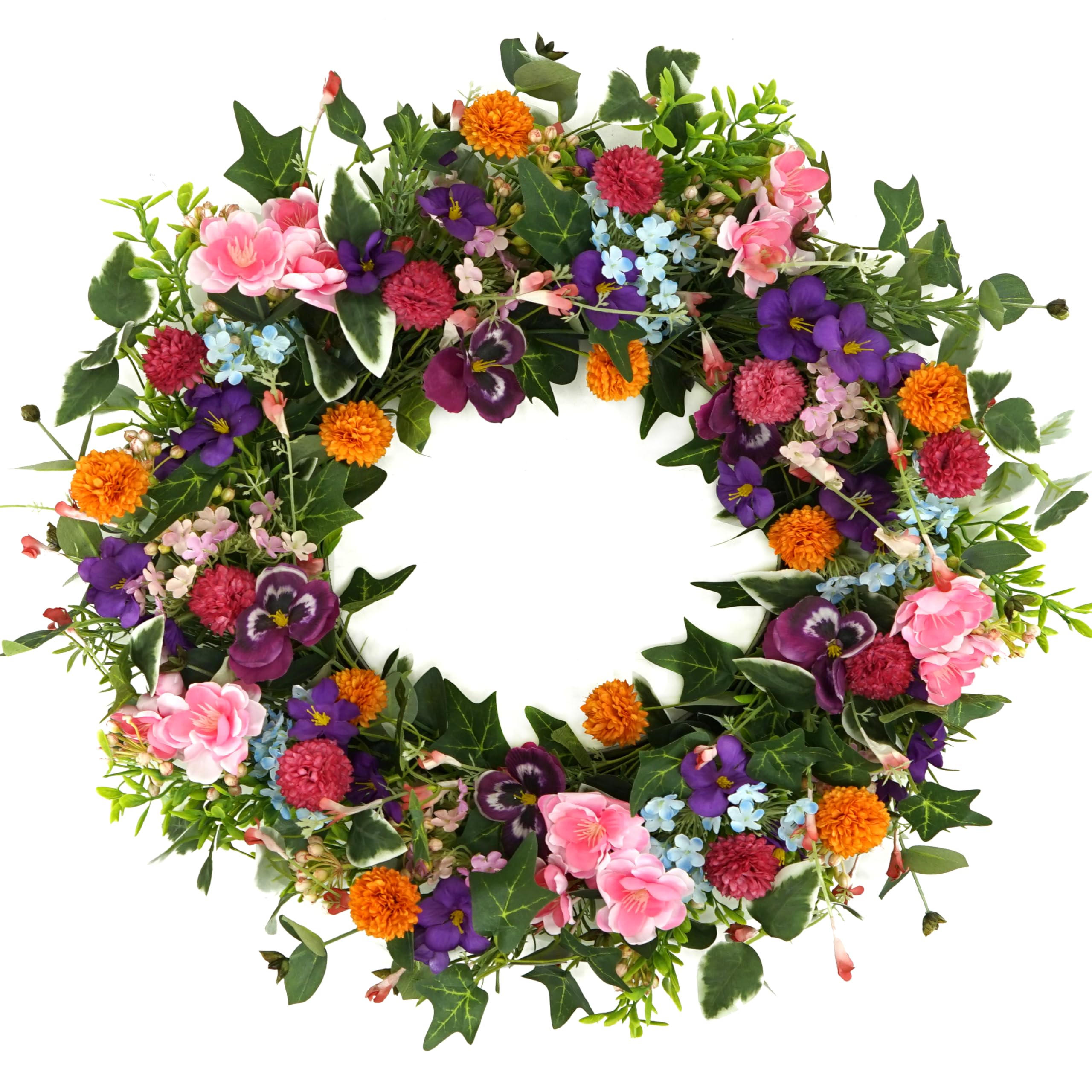 WreathDream front door pansy wreath enhances spring entryway curb appeal.