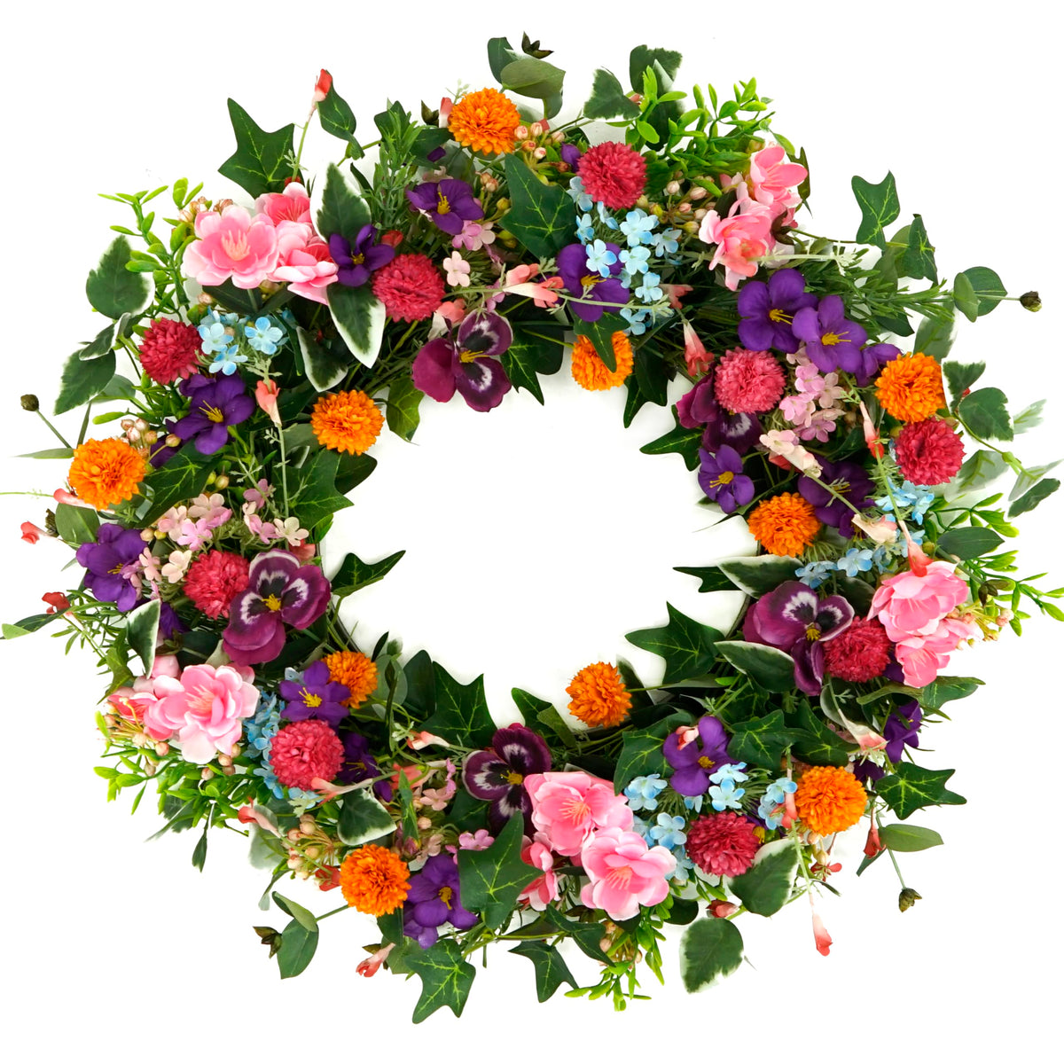 WreathDream front door pansy wreath enhances spring entryway curb appeal.