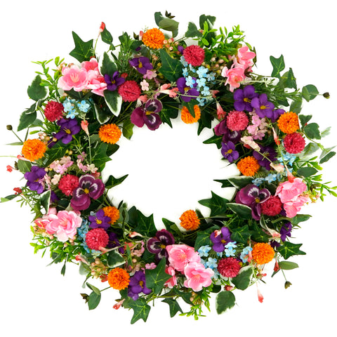 WreathDream front door pansy wreath enhances spring entryway curb appeal.