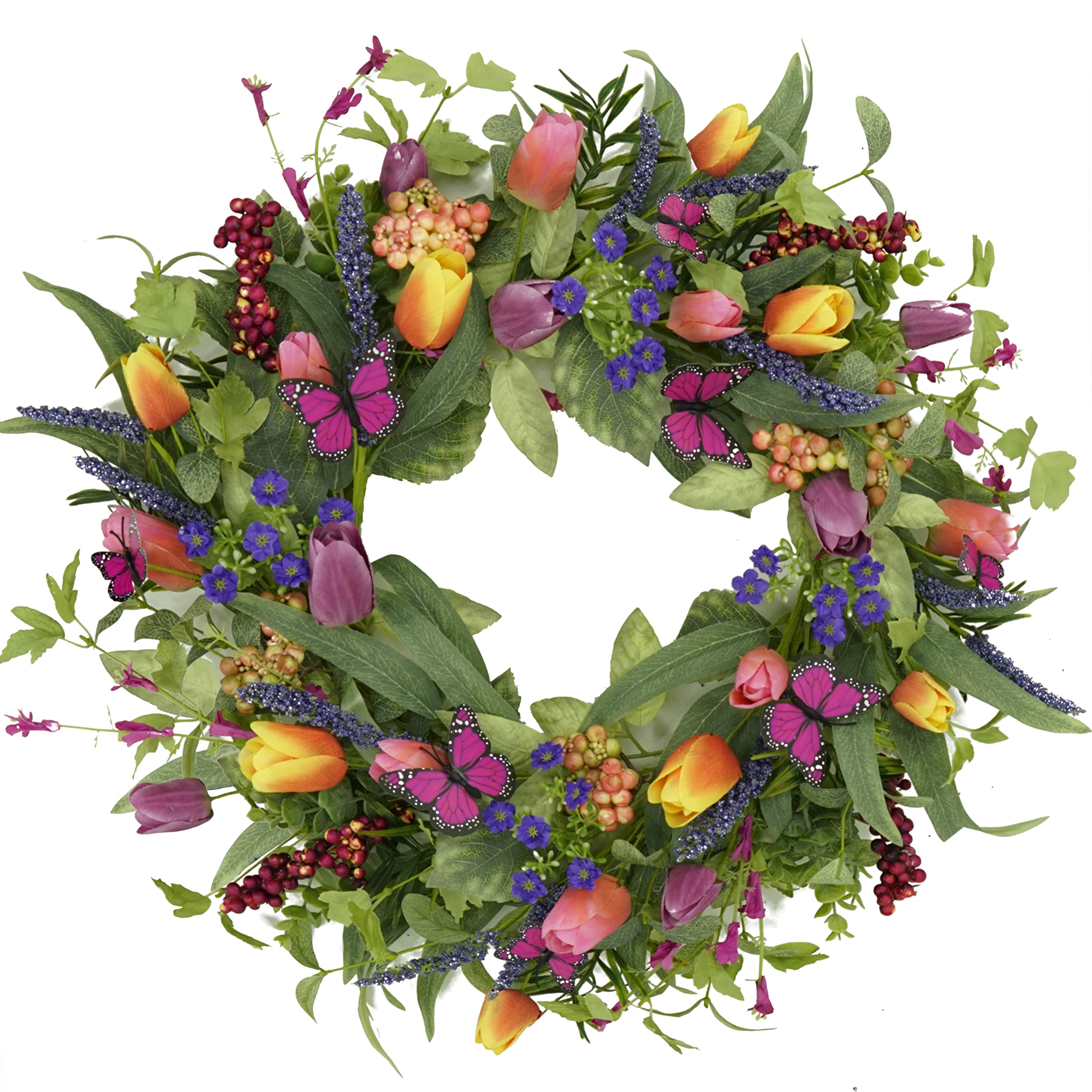 WreathDream spring tulip wreath on front door for vibrant curb appeal.