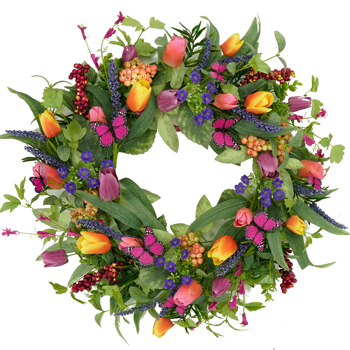 WreathDream spring tulip wreath on front door for vibrant curb appeal.