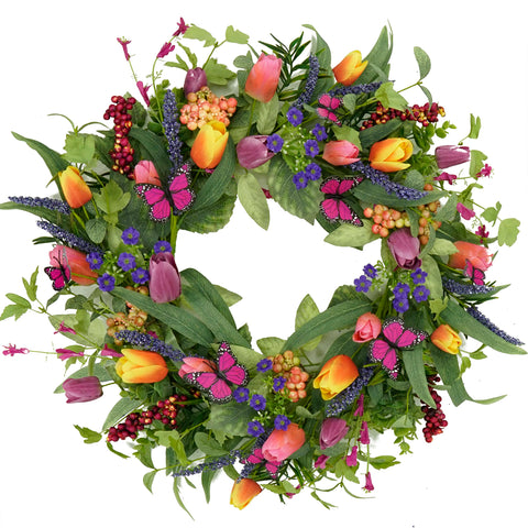 WreathDream spring tulip wreath on front door for vibrant curb appeal.