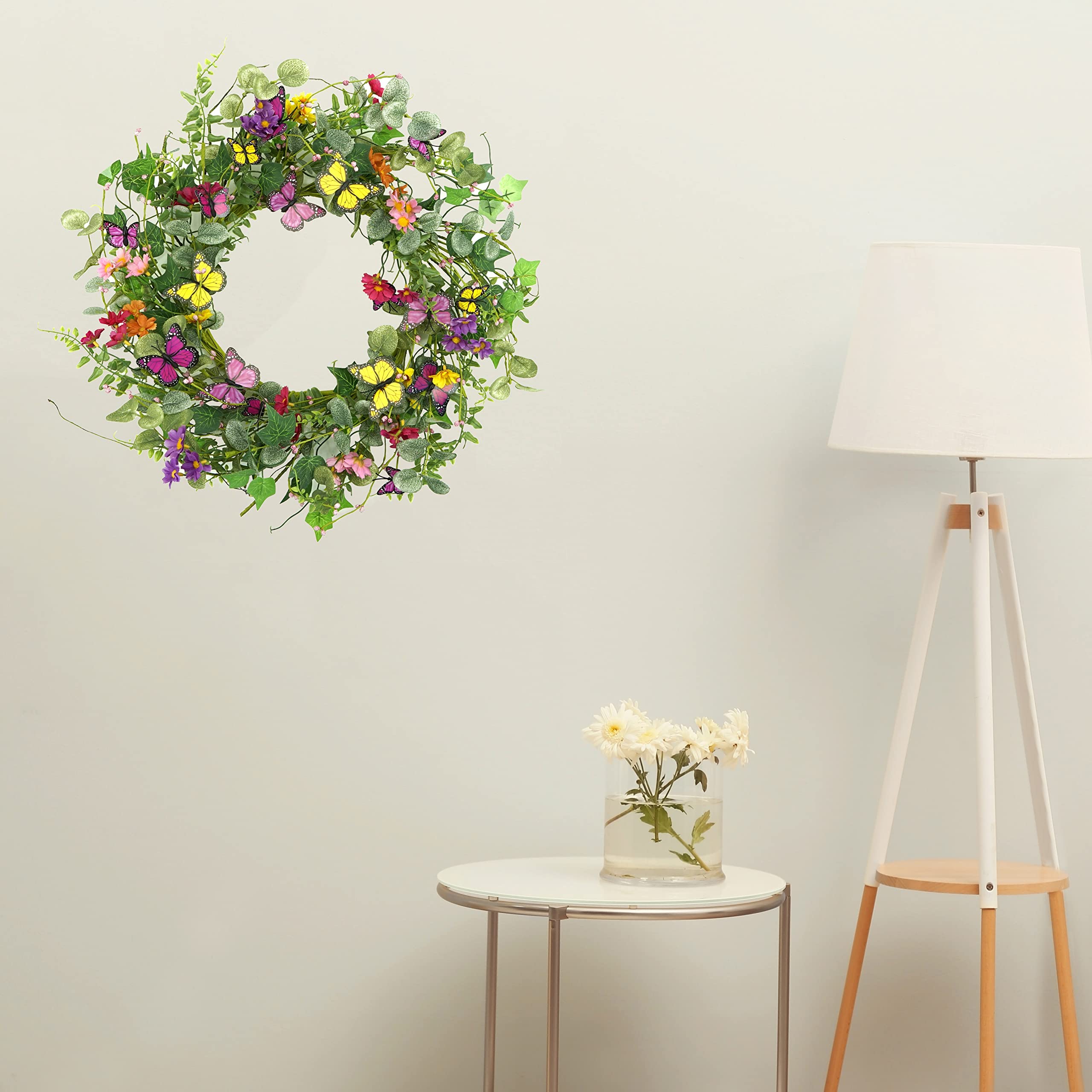 WreathDream eucalyptus-daisy wreath brings fresh garden vibe to indoor or covered porch.