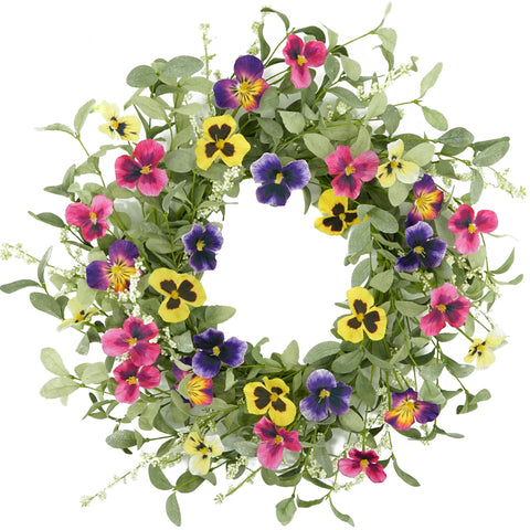 WreathDream spring wreath for front door with pansy accents adds curb appeal