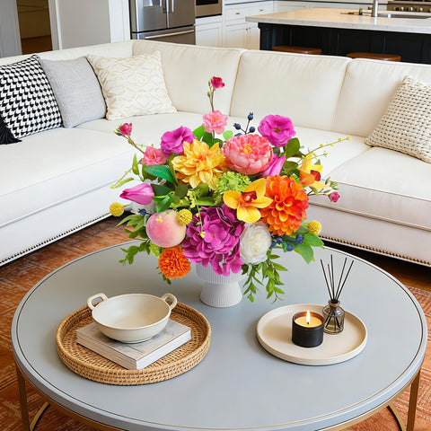 WreathQueen silk peony tulips bouquet in vase enhances dining room ambiance.