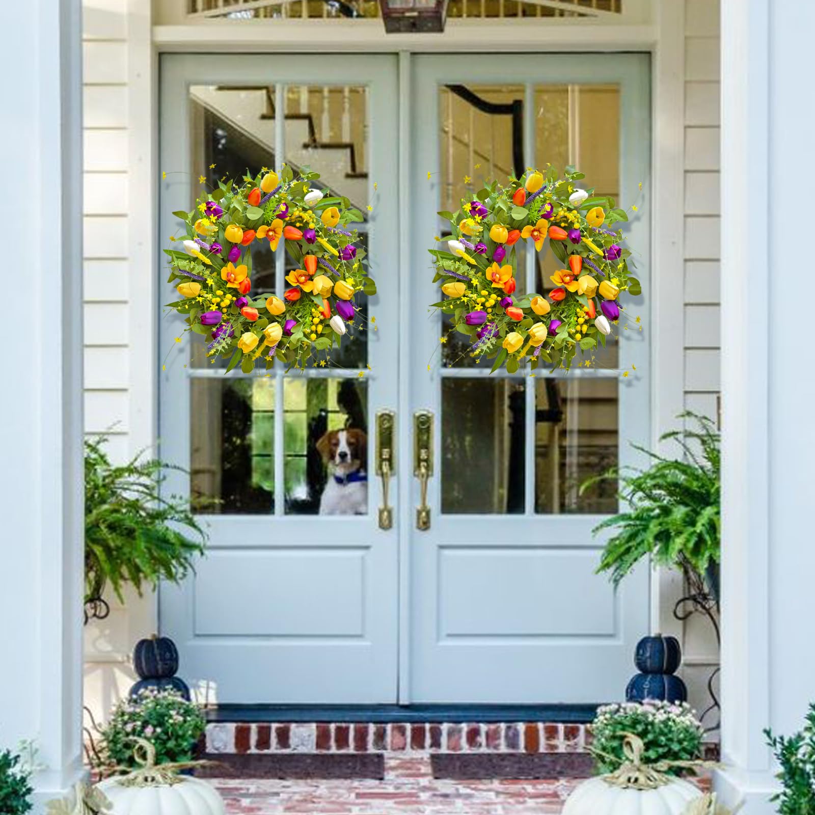 WreathQueen colorful tulips and greenery for year-round decor.