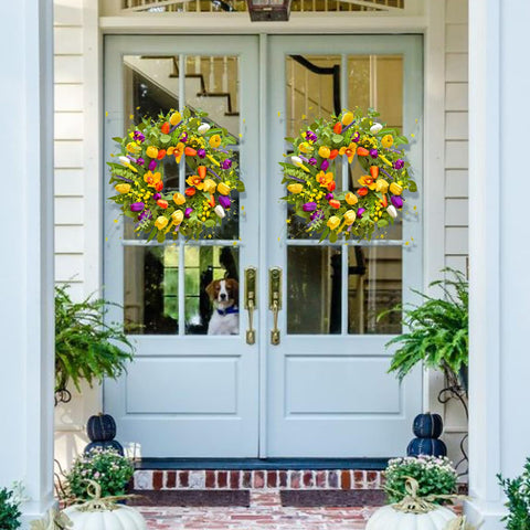 WreathQueen colorful tulips and greenery for year-round decor.