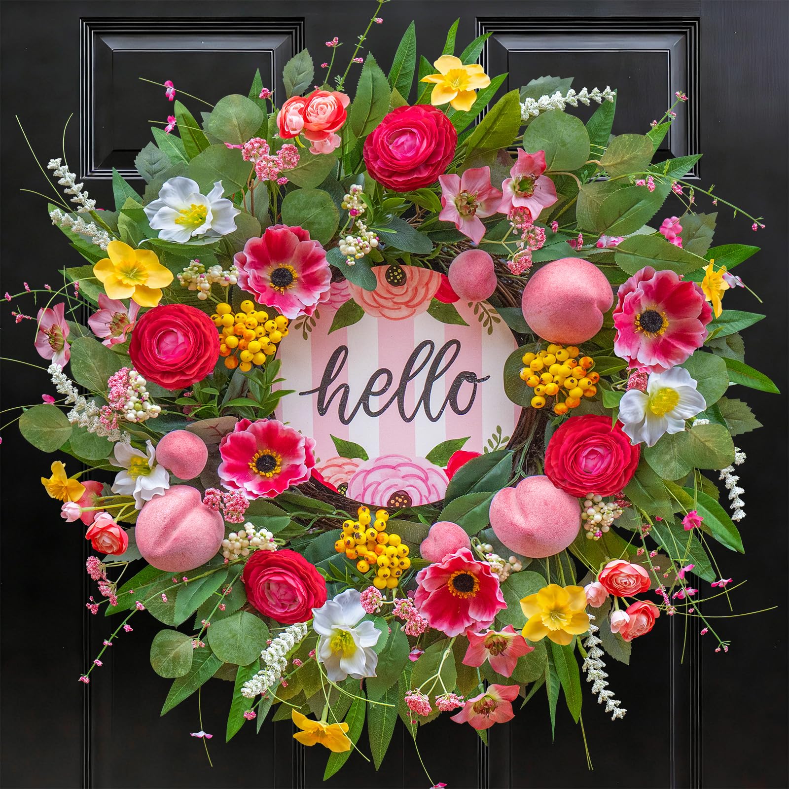 WreathQueen ready to hang wreath sits elegantly on a porch.