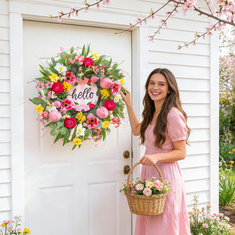 WreathQueen indoor and outdoor wall decor wreath on entryway.