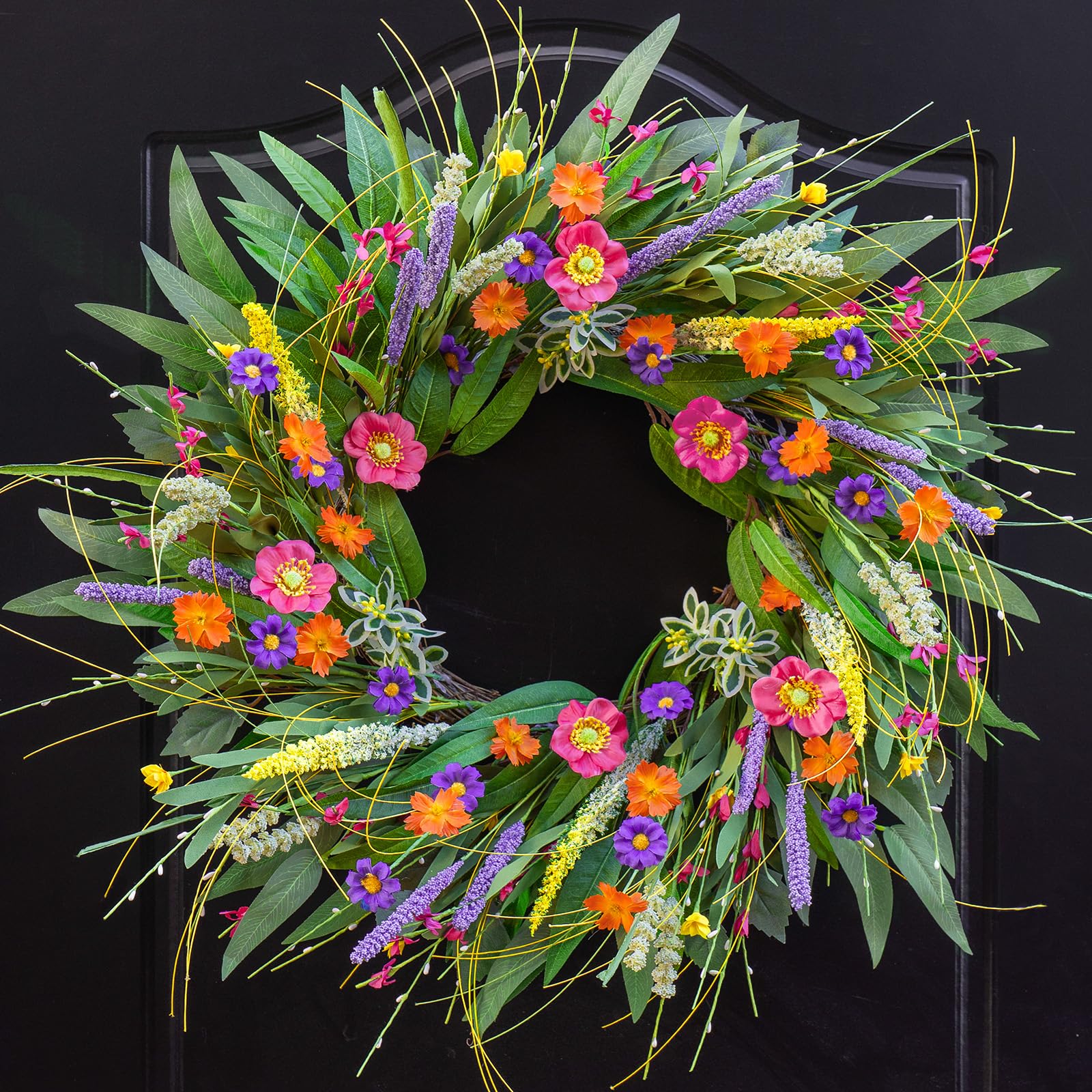 WreathQueen spring front door 24-inch wreath with wildflowers enhances curb appeal.