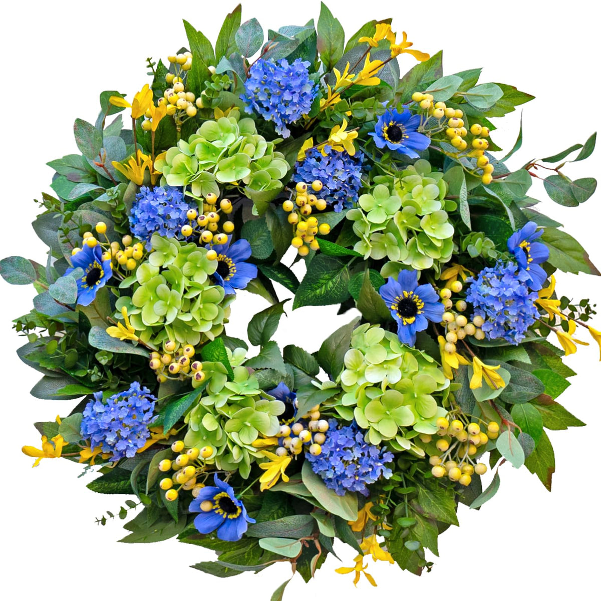 WreathQueen spring front door wreath full view enhances curb appeal with blue hydrangea.