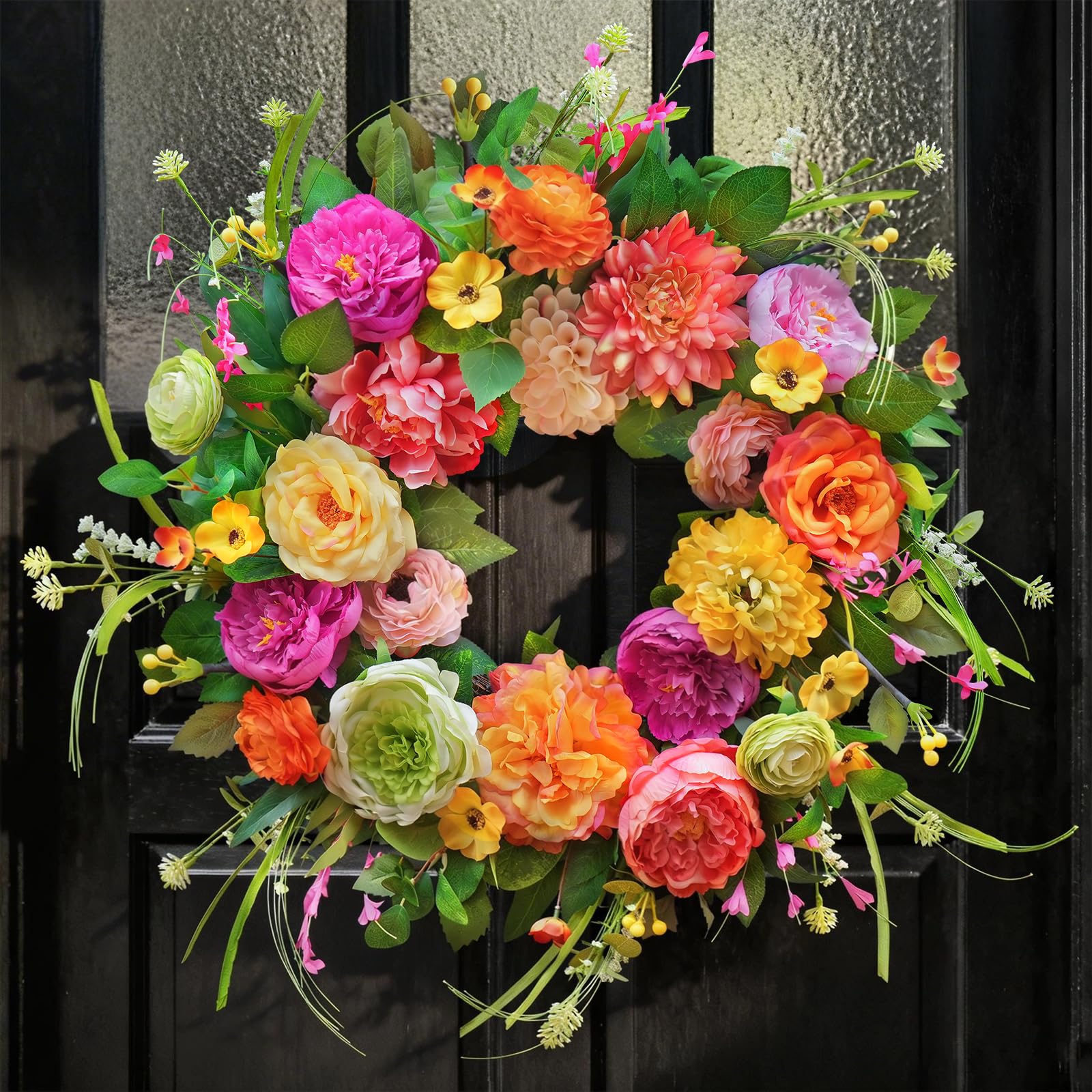 WreathQueen 24-inch spring front door wreath with lush florals for seasonal charm.