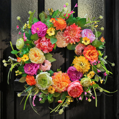 WreathQueen 24-inch spring front door wreath with lush florals for seasonal charm.