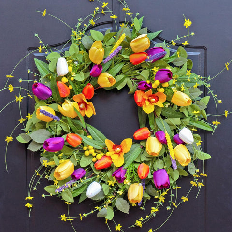 WreathQueen spring wreath on front door 24 inch adds welcoming color.