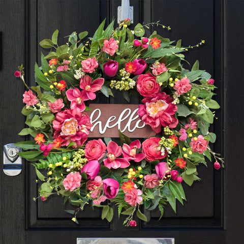 WreathQueen Spring Wreath front door Hello Sign creates a welcoming entry.