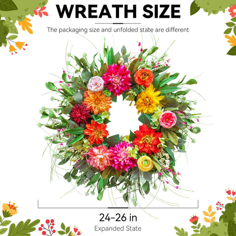 WreathQueen summer wreath peony-dahlia-rose bright colors ideal for porch decor.