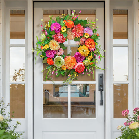 WreathQueen summer wreath with roses, peonies, and dahlias for elegant outdoor décor.