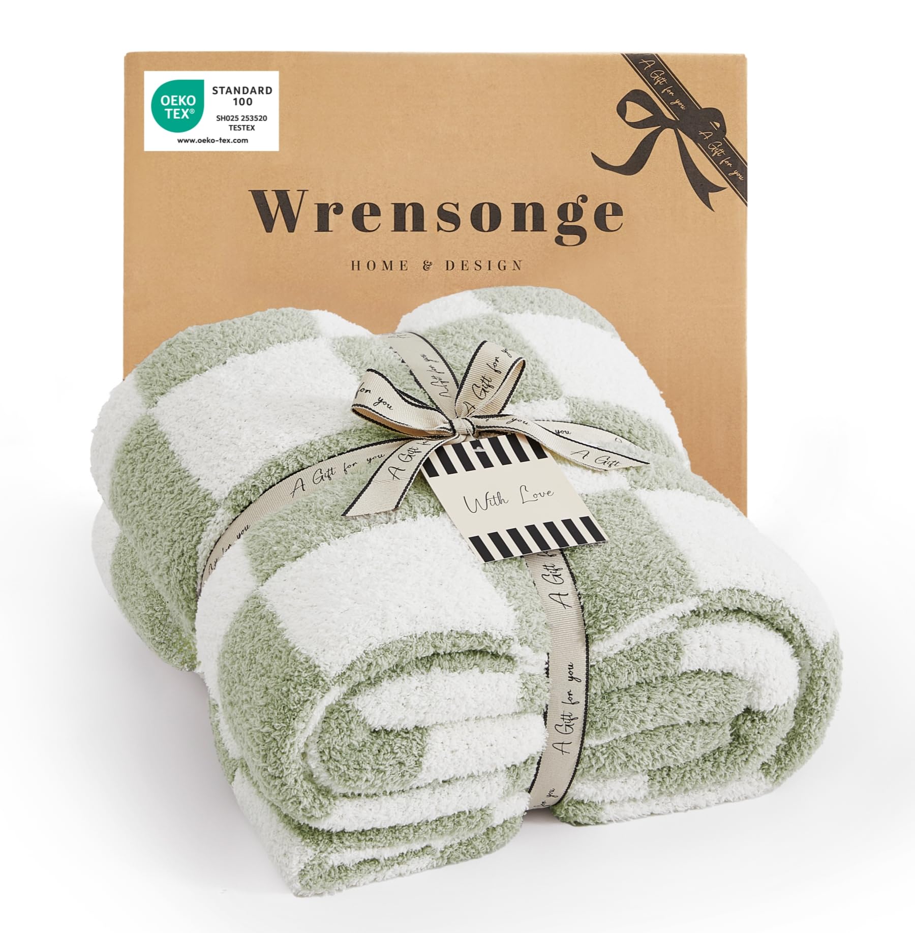 WRENSONGE checkered throw blanket sage green front view for cozy living space