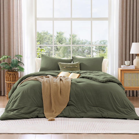 WRENSONGE bedroom olive-green decor setup adds minimalist style.
