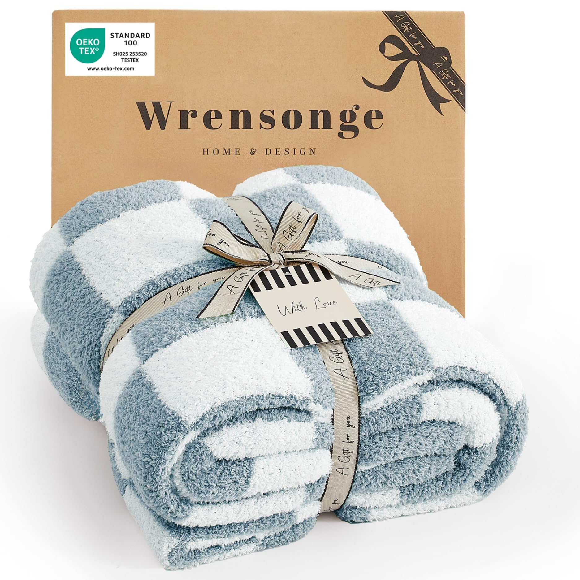 WRENSONGE checkered throw blanket grey blue on couch for cozy warmth