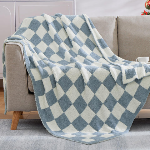 Close-up of WRENSONGE checkered throw blanket grey blue texture