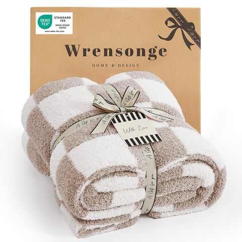WRENSONGE checkered throw blanket taupe close-up showcases plush microfiber texture for warmth