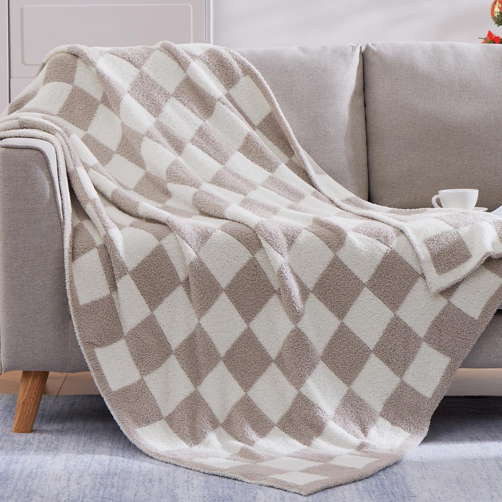 WRENSONGE checkered throw blanket taupe folded ready for couch or bed