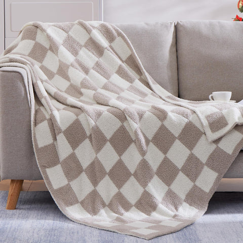 WRENSONGE checkered throw blanket taupe folded ready for couch or bed