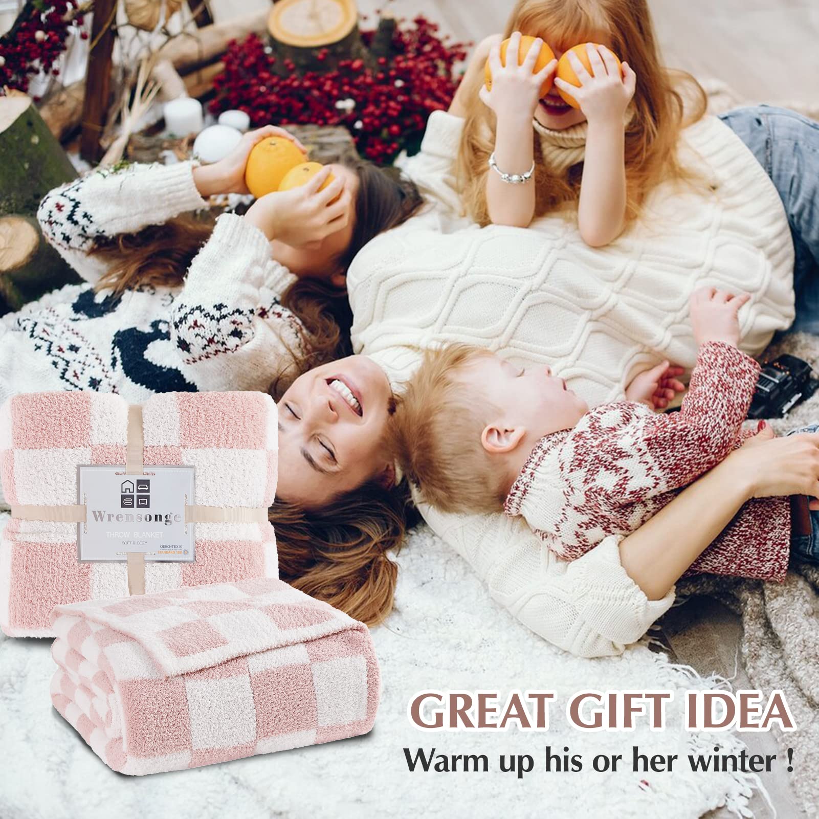 WRENSONGE checkered throw knit texture highlights durable stitching and cozy lounge use.