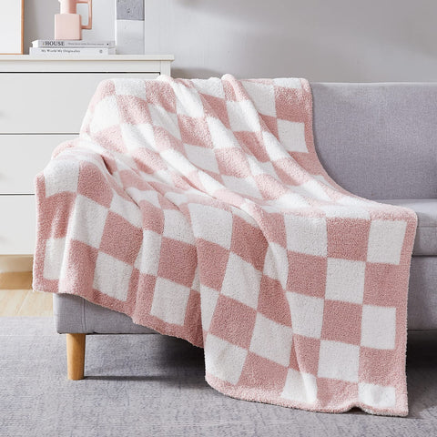 WRENSONGE checkered throw blanket pink close-up highlights plush texture and warm feel.