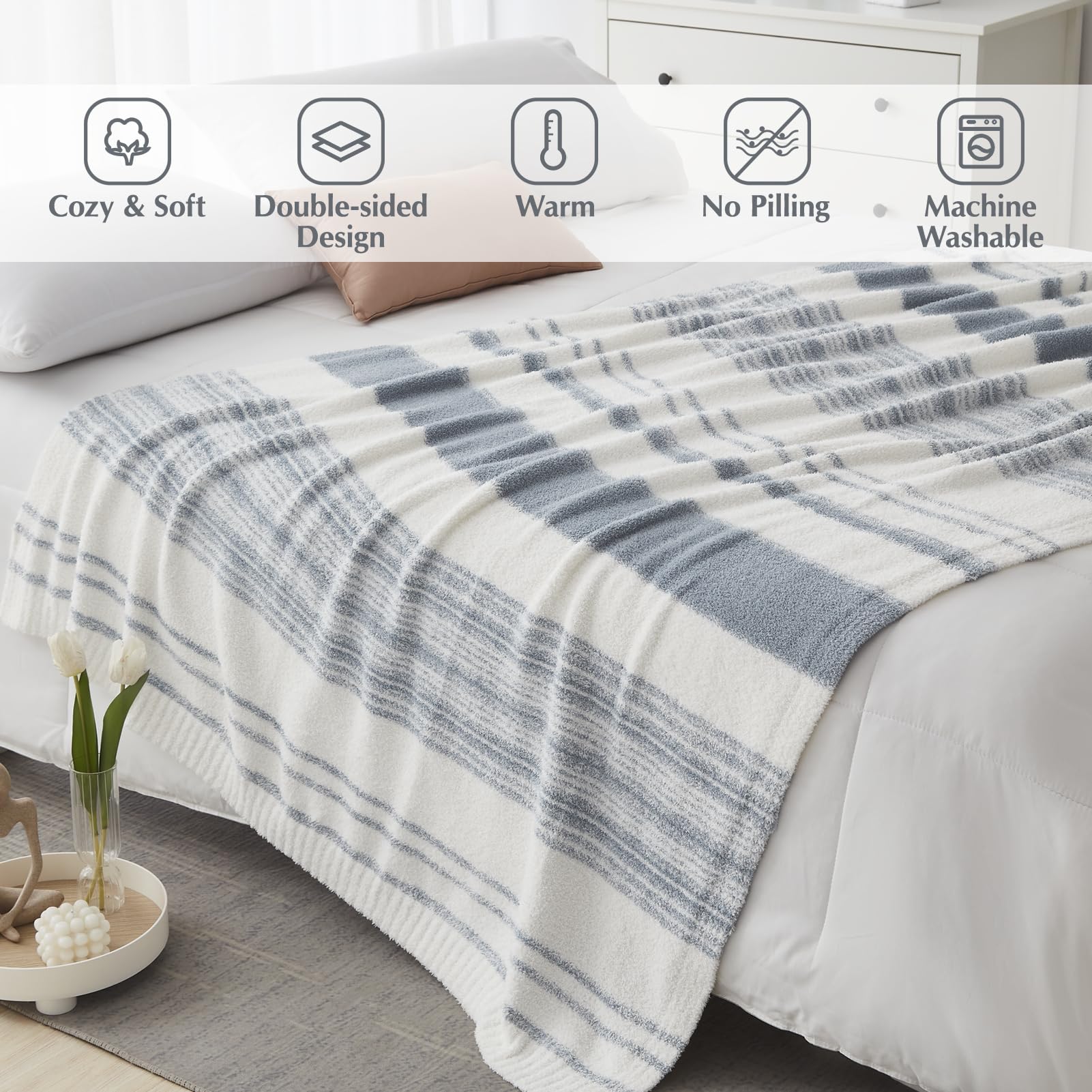 WRENSONGE grey blue throw blanket on sofa for cozy evenings