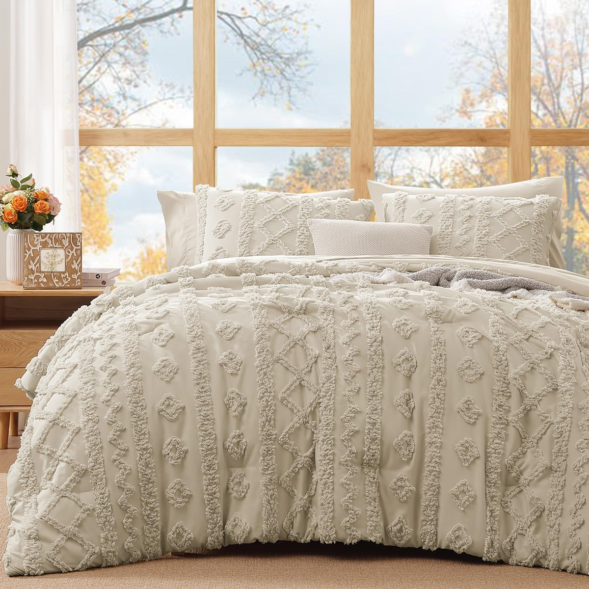 WRENSONGE king-size comforter with tufted geometric pattern adds chic texture.