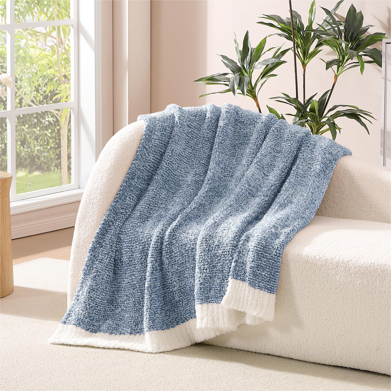 WRENSONGE throw blanket blue plaid close-up, durable stitching and color fidelity.
