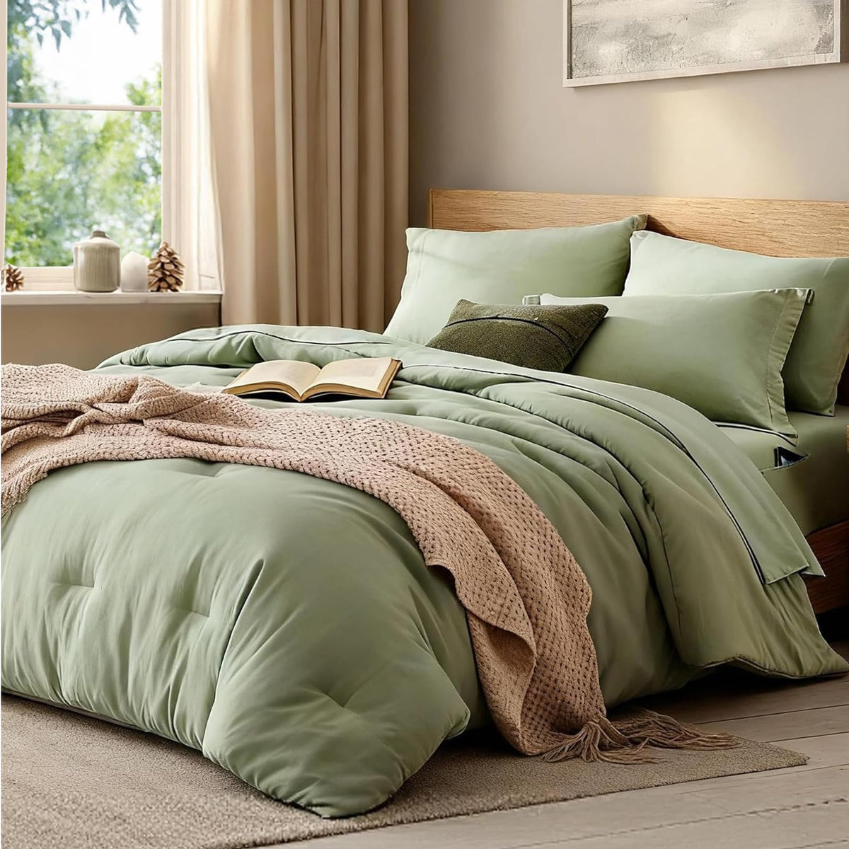 WRENSONGE twin-xl comforter sage green close-up shows ultra-soft microfiber for all-season comfort.
