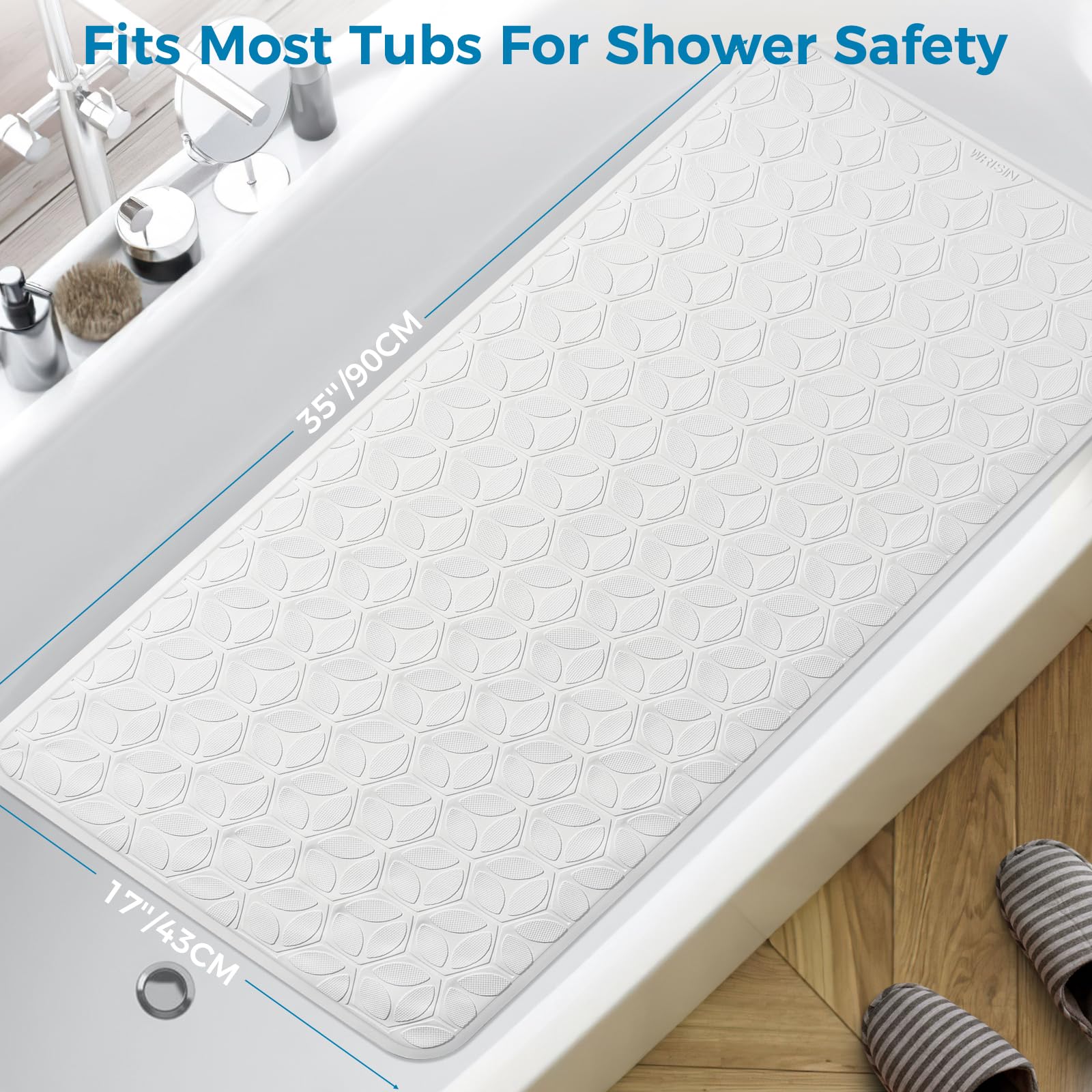 WRISIN machine-washable mat simplifies cleaning after bathtime.