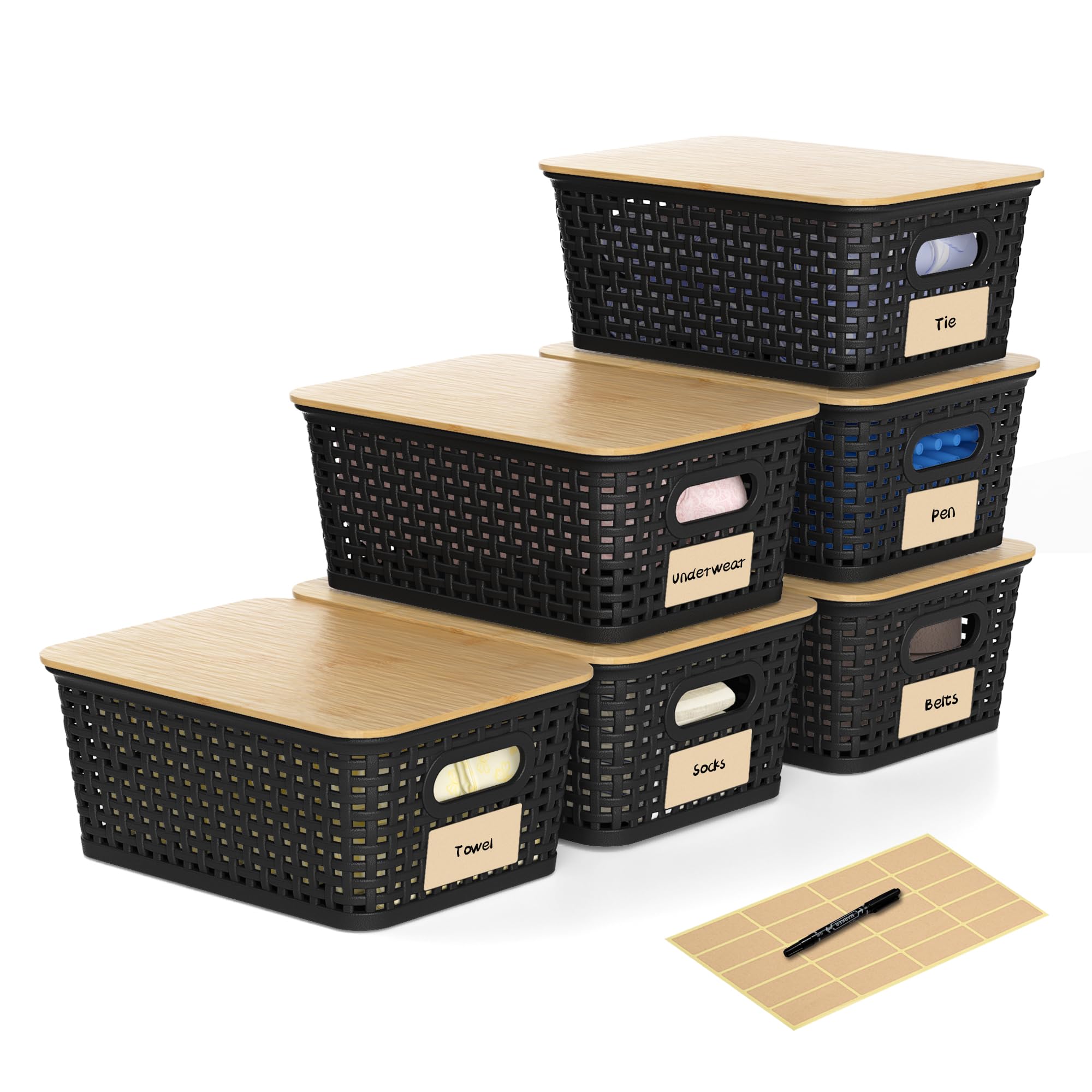 Wrrlors 6-pack bamboo-lid storage baskets for easy shelf organization.