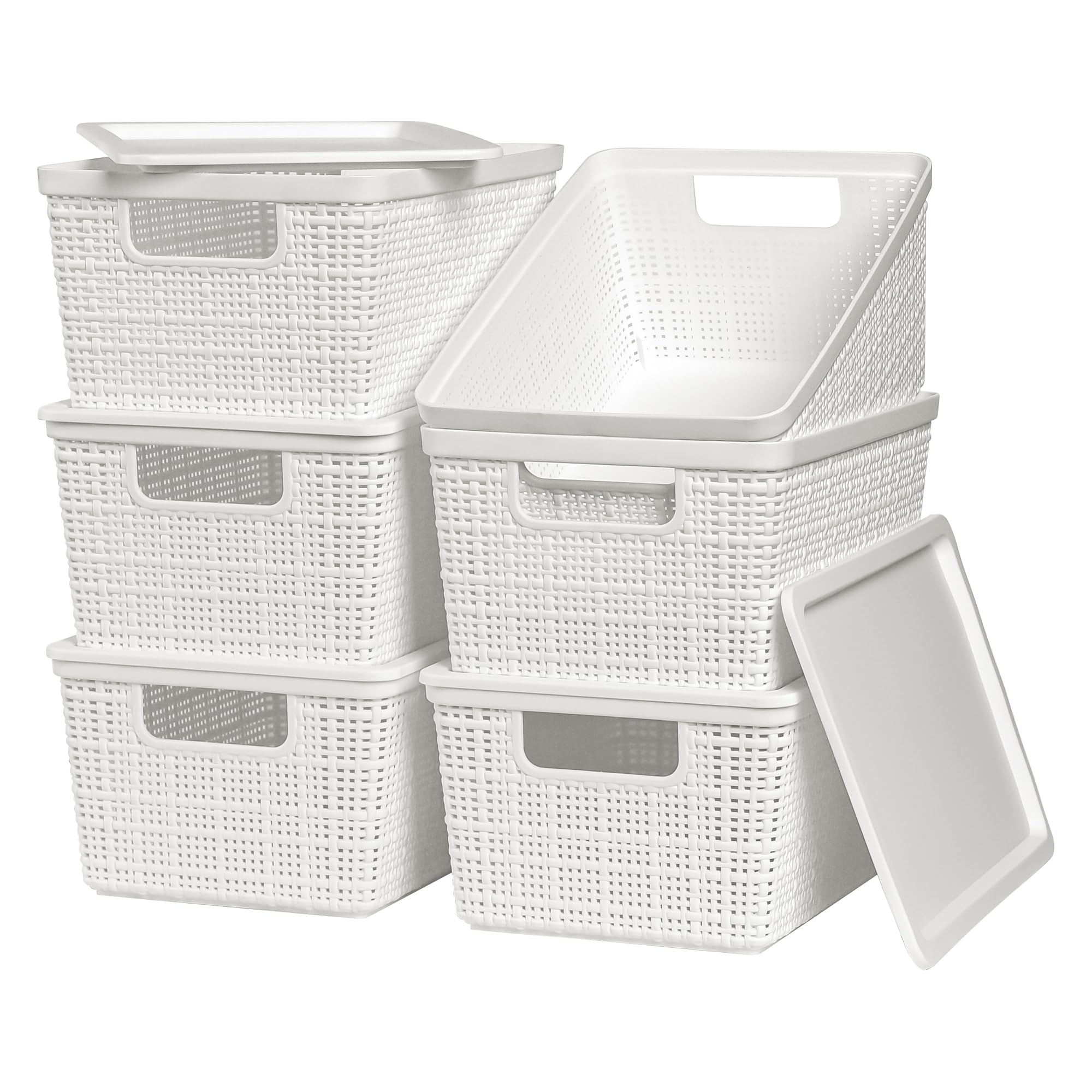 WRRLORS six-pack plastic storage baskets with lids for organized desktop storage.
