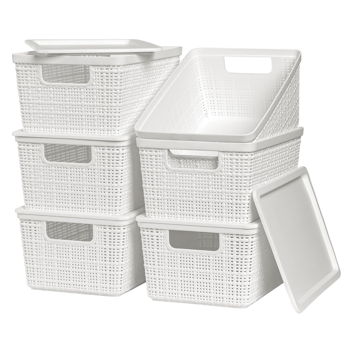 WRRLORS six-pack plastic storage baskets with lids for organized desktop storage.