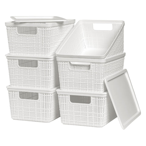WRRLORS six-pack plastic storage baskets with lids for organized desktop storage.