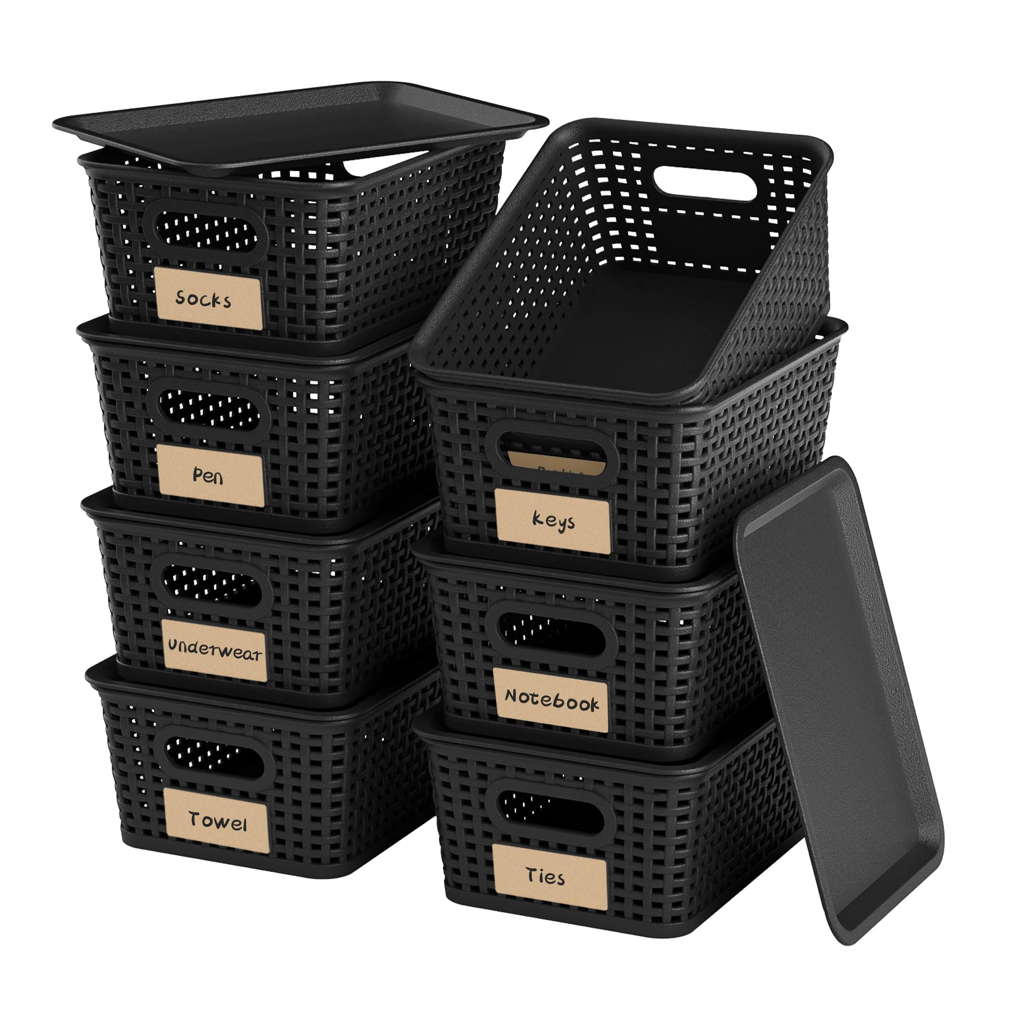Wrrlors 8-pack black storage baskets with lids for tidy shelves and easy access.