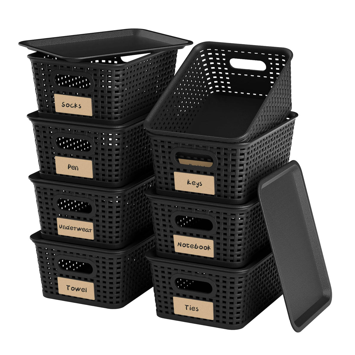 Wrrlors 8-pack black storage baskets with lids for tidy shelves and easy access.