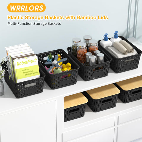 Wrrlors stackable plastic storage baskets with handles for portable, space-saving organization.